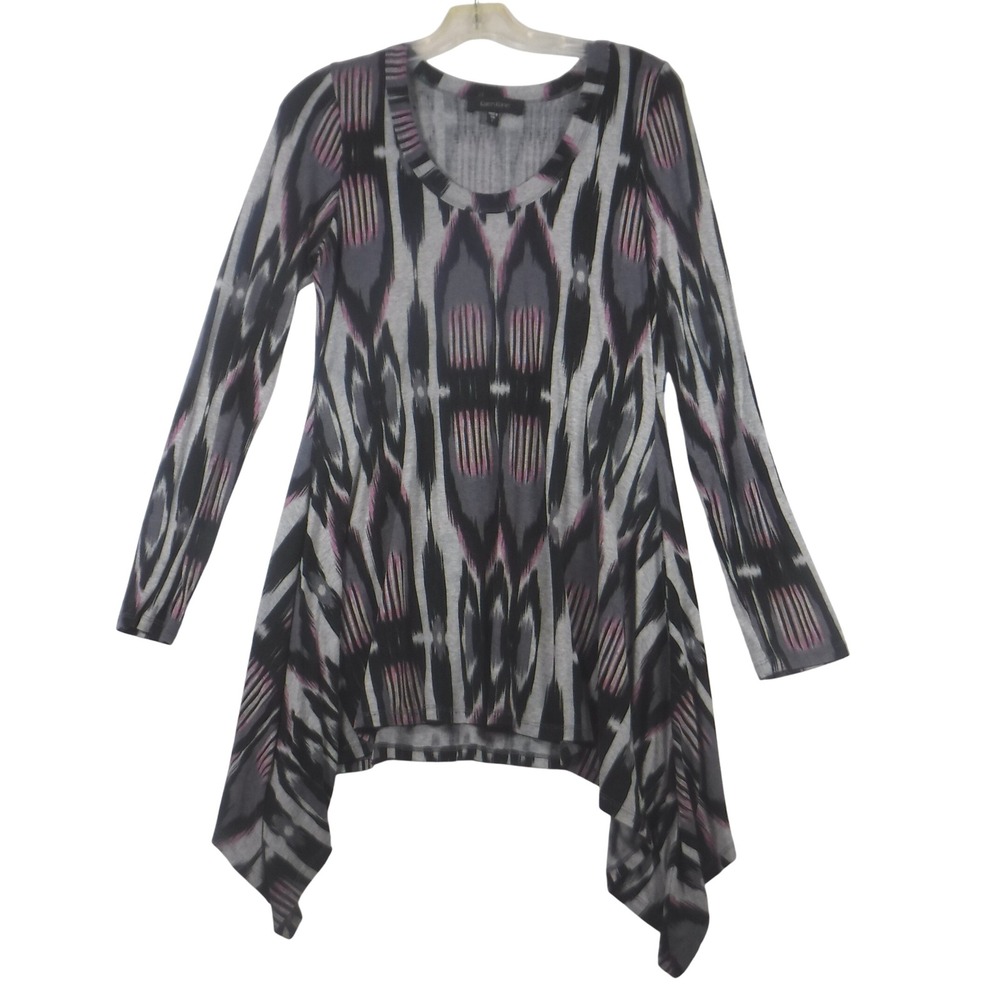 Karen Kane Tunic Women L Gray Ikat Sharkbite Hem Long Sleeve Pullover